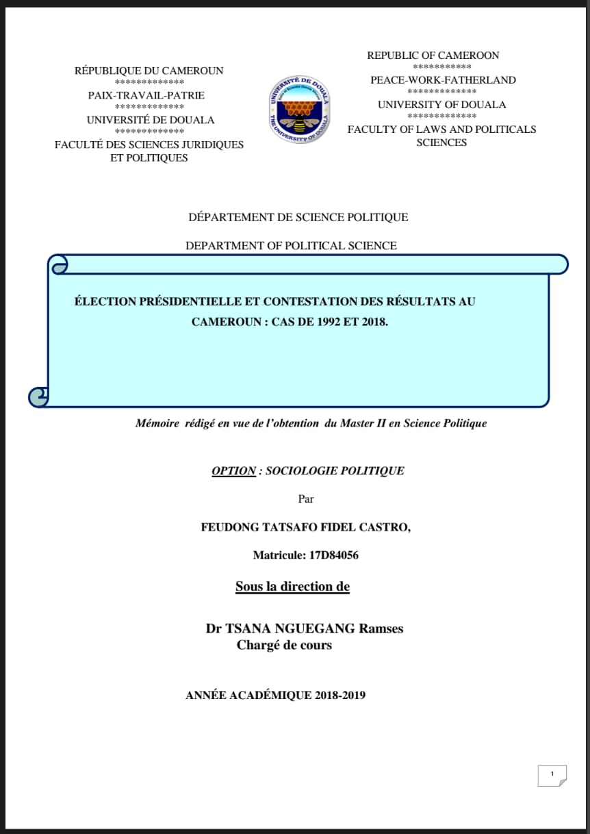 Couverture — ÉLECTION PRÉSIDENTIELLE ET CONTESTATION DES RÉSULTATS AU CAMEROUN : CAS DE 1992 ET 2018.