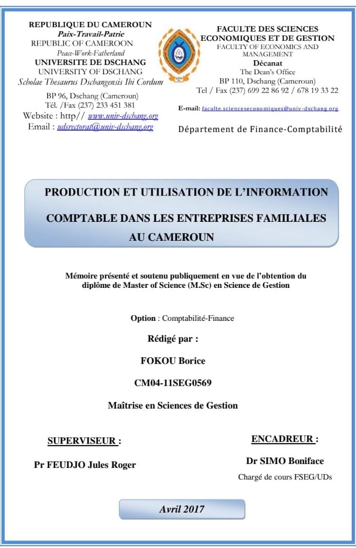 Couverture — PRODUCTION ET UTILISATION DE L’INFORMATION COMPTABLE DANS LES ENTREPRISES FAMILIALES AU CAMEROUN